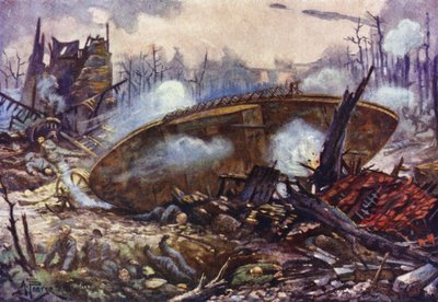 Hauptmann Arthur Inglis vom Gloucester Regiment bringt seinen Panzer über sehr schwieriges Gelände vorwärts, nachdem eines seiner Räder weggesprengt wurde, Erster Weltkrieg von Alfred Pearse
